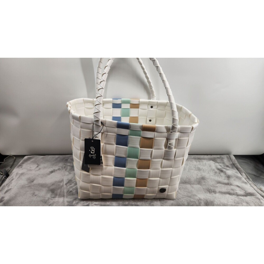 Handed by White Blue Green Beige Recycled Tote Bag Handwoven NWT